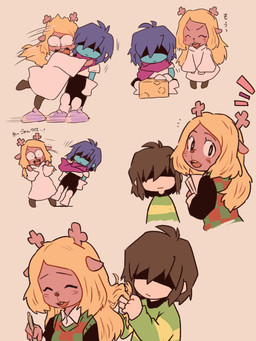 ^_^ anthro antlers armor biped black_bottomwear black_clothing black_eyes black_pants black_topwear blonde_hair blue_body blue_hair blue_skin book boots bottomwear braided_hair braiding_hair brown_body brown_fur brown_hair buckteeth cheese chibi clothed clothing crouching dairy_products dialogue duo duo_focus eyes_closed falling female feral food footwear freckles front_view fully_clothed fur gloves green_clothing green_shirt green_topwear group hair handwear holding_book holding_object holding_pen holding_writing_utensil horn hug light_body light_skin long_hair looking_at_another looking_at_viewer male monotone_body monotone_fur monotone_hair offscreen_character open_mouth open_smile pants pattern_clothing pattern_topwear pen personal_grooming plaid plaid_clothing plaid_topwear plate_armor red_nose robe scared scarf shadowed_eyes shirt shoes short_hair simple_background smile standing styling_hair tan_background teeth text tongue topwear touching_hair white_boots white_clothing white_footwear white_gloves white_handwear white_robe writing_utensil rechain deltarune undertale_(series) kris_dreemurr noelle_holiday deer human mammal maus_(deltarune) mouse murid murine new_world_deer reindeer rodent 3:4 digital_media_(artwork) full-length_portrait half-length_portrait hi_res japanese_text multiple_images portrait translated