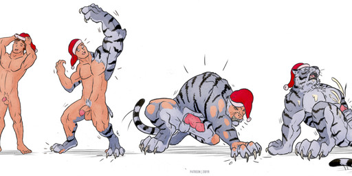 animal_genitalia animal_penis anthro balls bodily_fluids christmas_clothing christmas_headwear clothing cum cumshot ejaculation erection eyes_closed four_frame_sequence genital_fluids genitals growth hat headgear headwear holidays looking_pleasured male masturbation muscle_growth muscular muscular_male nude open_mouth penile penile_masturbation penis santa_hat solo species_transformation transformation transformation_sequence zibyr christmas felid human mammal pantherine tiger hi_res sequence