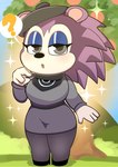 anthro beret clothing dress female footwear hat headgear headwear high_heels legwear looking_at_viewer pantyhose plant question_mark shoes solo sparkles tree onibi animal_crossing nintendo label_able eulipotyphlan hedgehog mammal absurd_res hi_res