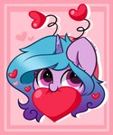 accessory big_ears blue_hair border eyelashes female feral hair headband heart_symbol holidays horn long_hair mouth_hold pink_border purple_body smile solo unicorn_horn kittyrosie hasbro mlp_g5 my_little_pony mythology valentine's_day izzy_moonbow_(mlp) equid equine mammal mythological_creature mythological_equine unicorn absurd_res bust_portrait hi_res portrait