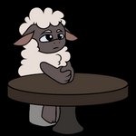 anthro black_body chair chest_tuft fur furniture holding_own_hand male on_chair serious_face sitting sitting_on_chair solo table tuft white_body white_fur pegacousin amanda_the_adventurer wooly_(amanda_the_adventurer) bovid caprine mammal sheep 1:1 2023 alpha_channel