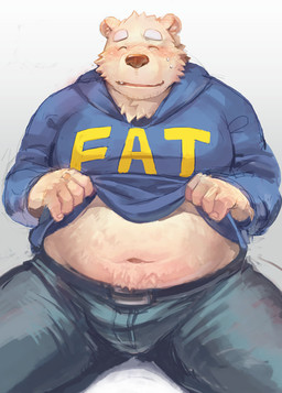 anthro belly blush bottomwear clothing eyes_closed hoodie kemono male navel overweight overweight_male pants simple_background sitting solo text text_on_clothing text_on_hoodie text_on_topwear topwear syukouakanaru fat_hoodie meme_clothing bear mammal 2015 meme