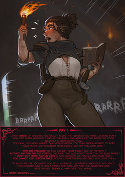 book bulge choose_your_own_adventure clothed clothing dungeon fully_clothed gynomorph intersex melee_weapon not_furry solo sword torch weapon starlyve kinktober kinktober_2025 sophie_(starlyve) human mammal 2025 hi_res