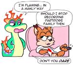 anthro burning duo fire fur green_body green_scales humor orange_body orange_fur pun scales text cuteosphere bubsy_(series) gex_(series) bubsy gex_the_gecko felid feline gecko lizard lynx mammal reptile scalie crossover english_text low_res