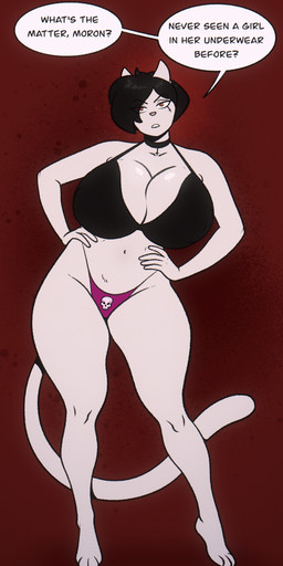 anthro big_breasts black_bra black_clothing black_underwear bra breasts choker clothing cross female fur huge_breasts inverted_cross jewelry looking_at_viewer necklace panties pink_clothing pink_panties pink_underwear simple_background solo talking_to_viewer underwear white_body white_fur galacticgoodie natalee_(xmetalhusky) felid feline mammal absurd_res hi_res