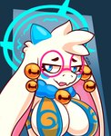 anthro bell bell_collar big_breasts big_ears blue_eyes blue_horn breasts clothed clothing collar eyewear female fur glasses horn round_glasses solo white_body white_fur f_dafox atlyss angela_flux bovid caprine goat hybrid kobold kubold_(atlyss) mammal scalie hi_res