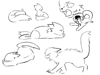 ambiguous_gender fangs feral group lying nervous on_front open_mouth tail teeth bloowolfy domestic_cat felid feline felis mammal 4:3 black_and_white monochrome sketch sketch_page
