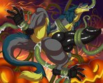 anal anal_penetration anthro balls bdsm big_balls big_penis bodily_fluids claws cum erection fangs front_view fully_restrained fur genital_fluids genitals green_body green_fur grey_body grey_fur holidays huge_balls huge_penis hyper hyper_balls hyper_genitalia hyper_penis jack-o'-lantern leaking_cum leg_grab lifted looking_at_viewer male oral oral_penetration pawpads paws penetration penis restrained sex solo spread_legs spreading tail tail_tuft teeth tentacle_around_arm tentacle_around_body tentacle_around_leg tentacle_around_neck tentacle_in_ass tentacle_in_mouth tentacle_penetration tentacle_sex tentacle_spitroast tentacles tentacles_around_legs torso_grab tuft yellow_body yellow_fur re-re zetsin halloween brom_(sahurus) sergal hi_res