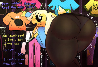 anthro antlers big_butt blush butt clothed clothes_store clothing clothing_store cookware dialogue freckled_face freckled_hips freckles frying_pan hair horn kitchen_utensils legwear male motion_lines panties pantyhose shirt shopping solo spot_freckles spots spotted_hips store t-shirt text thick_thighs tools topwear underwear upskirt oxyoxyoxyox toffee_(oxyoxyoxyox) deer mammal english_text