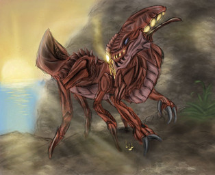 4_legs bodily_fluids claws drooling glowing grey_claws open_mouth realistic red_body saliva sea solo sunset water swarmcreator disney lilo_and_stitch splodyhead alien experiment_(lilo_and_stitch) 2014 digital_drawing_(artwork) digital_media_(artwork)