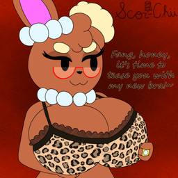 animal_print anthro bedroom_eyes big_breasts bra breasts clothing curvy_figure digit_ring eyewear female gem glasses hand_on_breast jewelry leopard_print narrowed_eyes necklace pearl_(gem) pearl_necklace ring seductive solo text underwear voluptuous voluptuous_female wedding_ring scor-chii nintendo pokemon shirley_(grass-noodle) buneary generation_4_pokemon pokemon_(species) 1:1 absurd_res hi_res