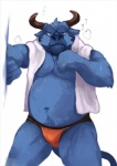 anthro blue_body blue_fur bodily_fluids body_hair clothing fur happy_trail horn looking_at_viewer male musclegut muscular muscular_anthro muscular_male navel overweight overweight_anthro overweight_male question_mark simple_background solo sweat white_background lowerkuo bovid bovine cattle mammal