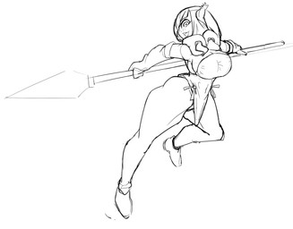 anthro armwear big_breasts breasts cleavage clothed clothing elbow_gloves female freckles gloves hair hair_over_eye handwear lance long_hair looking_aside looking_at_viewer melee_weapon one_eye_obstructed polearm pose simple_background solo weapon white_background kimsan-stuff ankama dofus wakfu miranda_(wakfu) ecaflip felid mammal 2018 black_and_white digital_media_(artwork) monochrome source_request unavailable_at_source
