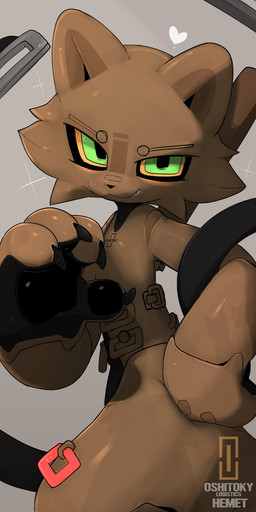 4_fingers anthro big_feet biped black_claws brown_body brown_fur claws feet fingers fur green_eyes kemono male slim_anthro slim_male smile smiling_at_viewer solo yellow_sclera presto_(artist) project_c.a.t.s hemet_(presto) domestic_cat felid feline felis landcats mammal robot_anthro 1:2 2025 hi_res