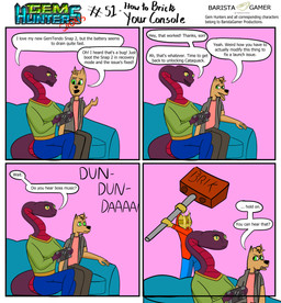 anthro bottomwear clothing cochlear_implant_processor console deaf denim denim_bottomwear denim_clothing dialogue female furniture hammer jacket jeans male pants shirt simple_background sofa sweater text tools topwear baristagamerproductions ada_(gem_hunters) alfonso_(gem_hunters) ailurid canid canine canis dingo mammal red_panda reptile scalie snake absurd_res comic english_text hi_res
