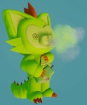 3d_(artwork) ambiguous_gender anthro auriwooosh belly_rub big_ears big_tail blue_background burp_cloud burp_fetish burping cheek_tuft chibi chupacabra_(my_little_monsters) claws digital_media_(artwork) facial_tuft food fruit gas gas_cloud gassy green_body hair half_eaten_food orange_claws orange_hair orange_spikes plant rec_room reptile scales scalie shocked simple_background snout solo spiral_eyes tail toony tuft