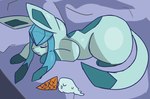 bed bedding blanket blue_body blue_fur dessert eyes_closed female feral food fur furniture hair ice_cream ice_cream_cone inside long_hair melting_ice_cream on_bed sleeping solo thick_thighs wide_hips pvzheroesnewupdate nintendo pokemon eeveelution generation_4_pokemon glaceon mammal pokemon_(species)