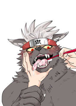 accessory anthro black_body black_fur black_nose blush blush_lines bodily_fluids brush brushing brushing_teeth claws drooling duo fangs finger_claws fur grey_hair hair headband kemono male ninja pupils red_eyes saliva simple_background slit_pupils solo_focus teeth tongue tongue_out touching_face warrior crazy_sll lifewonders tokyo_afterschool_summoners tadatomo_(tas) canid canine canis human mammal wolf 2021 absurd_res hi_res