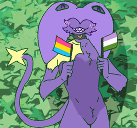ambiguous_gender anthro arm_fluff bared_teeth chest_tuft collar crotch_tuft flag fluffy_arms genderqueer_pride_colors gums_(mouth) gums_showing holding_object horn lgbt_pride long_tail pansexual_pride_colors pride_color_flag pride_colors purple_body sharp_teeth simple_background smile smiling_at_viewer solo standing star tail teeth tuft unusual_anatomy unusual_eye_placement allycatboom lgbt_pride_month demon digital_drawing_(artwork) digital_media_(artwork)