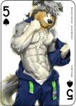 2017 abs anthro biceps border_collie canid canine canis card card_template clothed clothing collie copyright_symbol digital_media_(artwork) domestic_dog english_text five_of_spades fonyaa fur herding_dog male mammal muscular muscular_anthro muscular_male pastoral_dog pecs playing_card playing_card_template pubes sheepdog simple_background smile solo spades_(suit) standing suit_symbol symbol text topless underwear undressing white_background