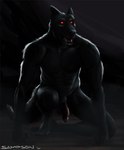 5_fingers 5_toes all_fours anthro backlighting balls black_body black_claws black_fur black_nose blood blood_in_mouth bodily_fluids broad_shoulders claws crouching dark ears_back feet fingers fluffy fluffy_tail fur genitals glowing glowing_eyes half-erect hand_on_ground humanoid_feet humanoid_genitalia humanoid_penis light looking_at_viewer male muscular muscular_anthro muscular_male nude open_mouth penis pink_penis pivoted_ears plantigrade pubes red_eyes simple_background solo tail teeth toe_claws toes sampsonwoof mythology canid canine mammal mythological_canine mythological_creature were werecanid werecanine werewolf 2020 digital_drawing_(artwork) digital_media_(artwork) lighting shaded signature story story_in_description