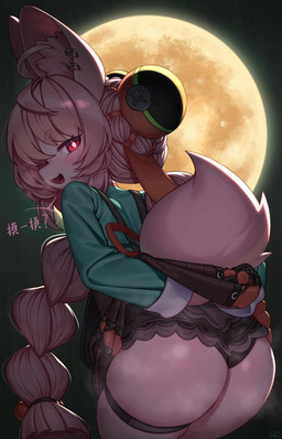 anthro asian_clothing big_butt black_clothing black_panties black_underwear blush bottomwear braided_hair butt chinese_clothing clothed clothing clothing_lift ear_piercing east_asian_clothing eyebrows female fluffy fluffy_tail full_moon fur hair inner_ear_fluff kemono long_hair long_sleeves looking_at_viewer looking_back moon musk naughty_face night open_mouth panties piercing pigtails pink_body pink_fur pink_hair red_eyes seductive skindentation skirt skirt_lift smile solo tail text thick_eyebrows thick_thighs thigh_strap tuft twin_braids underwear wide_hips marlis_sig mihoyo zenless_zone_zero zhao_(zenless_zone_zero) lagomorph leporid mammal rabbit absurd_res chinese_text hi_res translated
