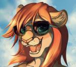 anthro biped eyebrows eyelashes eyewear fangs female hair happy long_hair looking_at_viewer open_mouth smile solo sunglasses teeth tongue whiskers tai_l_rodriguez feoi cougar felid feline mammal signature