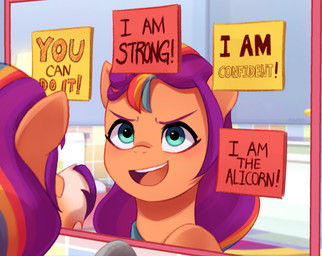 blue_eyes female feral fur hair hooves leg_markings markings mirror open_mouth open_smile orange_body orange_fur post-it_note purple_hair reflection smile socks_(marking) solo text marenlicious hasbro mlp_g5 my_little_pony sunny_starscout_(mlp) earth_pony equid equine horse mammal pony english_text hi_res