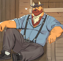 anthro arm_hair barazoku beard belly belt biceps big_belly big_muscles big_pecs black_belt black_bottomwear black_clothing black_footwear black_hat black_headwear black_pants black_shoes black_suspenders blue_clothing blue_shirt blue_topwear body_hair bottomwear box brown_beard brown_body brown_facial_hair brown_fur brown_mustache brown_sideburns chest_hair chest_tuft clothing container cowboy cowboy_hat cowboy_outfit crate door facial_hair flirting flirting_look flirting_with_viewer footwear fur grin grinning_at_viewer hat headgear headwear heart_symbol male manly musclegut muscular muscular_anthro muscular_arms muscular_male muscular_thighs mustache old_west orange_body orange_fur pants pecs porch relaxation relaxed_expression relaxing shirt shoes sideburns sitting sitting_on_porch smile smiling_at_viewer socks solo suspenders thick_arms thick_thighs topwear tuft white_clothing white_footwear white_socks wild_west yellow_body yellow_fur gol1ath canid canine mammal absurd_res hi_res