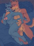 anthro bed belly_nipples blush bodily_fluids duo female from_behind_position furniture genital_fluids hand_on_hip hand_on_throat knot male nipples penetration sex spoon_position tail vaginal vaginal_fluids vaginal_penetration mochashep canid canine canis domestic_dog mammal pit_bull 3:4 hi_res