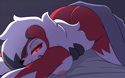 anthro areola ass_up bed bedroom_eyes bent_over big_breasts breasts butt butt_from_the_front female furniture looking_at_viewer narrowed_eyes nipples on_bed pokemorph seductive smile solo conditional_dnp pinkcappachino nintendo pokemon canid generation_7_pokemon lycanroc mammal midnight_lycanroc pokemon_(species) 2020 digital_media_(artwork)