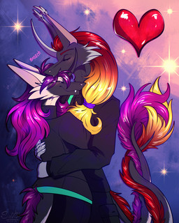 anthro blush duo entwined_tails equis_universe fangs female fluffy fur horn love male smile tail tail_coil teeth smooch sunny_way steven_saidon sunny_way_(character) ki'rinaes 4:5 hi_res