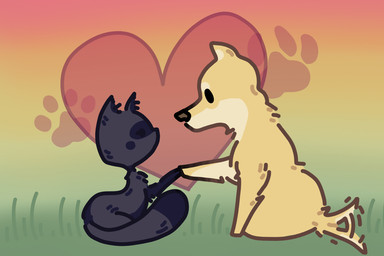 ambiguous/ambiguous ambiguous_gender duo feral footprint fur grass grey_body grey_fur heart_symbol looking_at_another outside pawprint plant sunset tail tail_motion tailwag yellow_body yellow_fur stracciatellasauce canid canine felid feline mammal 3:2 hi_res