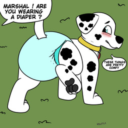 big_diaper blue_diaper blue_eyes blush blush_lines collar diaper embarrassed feral fur male markings nervous nervous_smile paws raised_tail smile solo speech_bubble spots spotted_body spotted_fur tail text white_body white_fur yourfur paw_patrol marshall_(paw_patrol) canid canine canis dalmatian domestic_dog mammal 1:1 hi_res