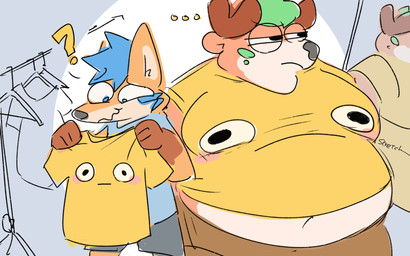 anthro antlers belly big_belly black_nose blue_eyes blue_hair blue_markings clothed clothes_hanger clothing duo ellipsis emoji_clothing emoticon_on_clothing emoticon_on_shirt fur green_eyes hair horn male markings mirror moobs navel obese obese_anthro obese_male overweight overweight_anthro overweight_male question_mark shirt tan_body tan_fur topwear unimpressed rexery_truffle bulging_smiley_shirt_meme meme_clothing rexery_(rexerytruffle) truffle_(rexerytruffle) canid canine deer fox mammal 16:10 hi_res meme widescreen