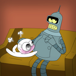 ambiguous_gender belly bloated blush bodily_fluids duo furniture half-closed_eyes hand_on_another's_belly lying machine narrowed_eyes not_furry on_front sitting sofa sweat white_body white_skin negaposi comedy_central futurama bender_bending_rodríguez y/n_(negaposi) humanoid robot 2026 hi_res female_(lore) male_(lore)