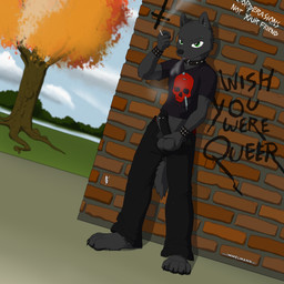 4_toes 5_fingers anthro ball_grab balls barefoot black_glans black_penis bracelet collar erection feet fingers fur genitals glans grey_balls grey_body grey_fur humanoid_genitalia humanoid_penis jewelry male penis pubes solo studded_bracelet studded_jewelry studs toes nx-42 joel_calley canid canine canis mammal wolf 1:1 absurd_res hi_res