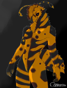 anthro arthropod_abdomen black_eyes countershading fluffy male patterns slim solo standing yellow_body nerothefloof hex_(nerothefloof) arthropod hymenopteran insect wasp hi_res shaded