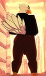 anthro beak big_butt biped bottomless bottomless_anthro bottomless_male brown_body brown_eyes brown_feathers butt butt_pose city clothed clothing detailed_background feathers genitals jacket looking_at_viewer looking_back looking_back_at_viewer low-angle_view male outside penis pose raised_tail rear_view scutes smile smiling_at_viewer solo standing tail tail_feathers topwear topwear_only white_body white_feathers yellow_beak shonuff skullman777 aquilles accipitrid accipitriform avian bald_eagle bird eagle sea_eagle 2019 dated digital_media_(artwork) hi_res shaded signature