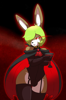 anthro beverage brown_body brown_fur bulge cape clothing collar container countershading cup drinking_glass fangs femboy food front_view fur garter_straps glass glass_container glass_cup glowing glowing_eyes green_hair hair holding_object legwear leotard looking_away male monotone_clothing monotone_leotard pupils red_eyes slit_pupils solo teeth thick_thighs thigh_highs tight_clothing white_body white_countershading white_fur wide_hips wine_glass munkeesgomu lotte_(munkeesgomu) lagomorph leporid mammal rabbit vampire 2014 hi_res portrait three-quarter_portrait