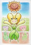 blue_sky clothing dress female flower green_clothing green_dress group outside plant simple_background sky tulip_(flower) shar0makai elemental_creature flora_fauna 2023 absurd_res hi_res traditional_media_(artwork)
