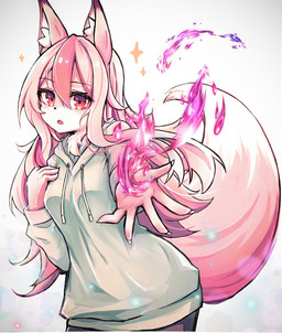 5_fingers anthro breasts chest_tuft clothed clothing female fingers fluffy fluffy_tail fur hair inner_ear_fluff long_hair open_mouth pink_body pink_eyes pink_fur pink_hair solo sparkles sweater tail topwear translucent translucent_hair tuft white_body white_fur ray65189008 brand_new_animal studio_trigger nazuna_hiwatashi canid canine fox mammal 2020 hi_res