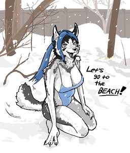 anthro blue_eyes blue_hair breasts claws clothing countershading crouching female fur hair nails one-piece_swimsuit plant ponytail snow solo swimwear tail text tree hieronymusjohnson canid canine canis domestic_dog husky mammal nordic_sled_dog spitz aliasing binary_drawing digital_drawing_(artwork) digital_media_(artwork)