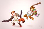 4_fingers anthro biped clothed clothing countershade_face countershade_fur countershade_torso countershading diaper dipstick_tail duo eyebrows fight fingers fur holding_macuahuitl holding_melee_weapon holding_object holding_weapon littlepawz_(diaper) macuahuitl male markings melee_weapon peekabu_(diaper) shield shota smile tail tail_markings weapon wearing_diaper young young_anthro iztli abuniverse littlepawz peekabu iztli_(iztli) ailurid felid jaguar mammal pantherine red_panda 2023 absurd_res hi_res