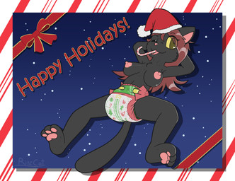 anthro bow_(decoration) bow_(feature) breasts candy candy_cane candy_cane_in_mouth clean_diaper clothed clothing dessert diaper drop_shadow element_drop_shadow female food holiday_message holidays nipples padded padding solo text text_drop_shadow topless wearing_diaper ritzcat christmas amber_(ritzcat) felid feline mammal english_text hi_res