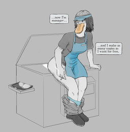 anthro apron beak bottomwear bottomwear_down breasts butt cigarette clothed clothing feathers female holding_cigarette holding_object mature_anthro mature_female non-mammal_breasts panties panties_down pants pants_down partially_clothed photocopier photocopying_butt photocopying_self solo text underwear underwear_down visor white_body white_feathers amomw beneath_the_trees_where_nobody_sees monica_brewer anatid anseriform avian bird duck 2025 english_text