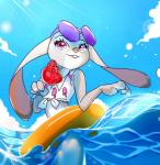 anthro bikini clothing female food fur long_ears looking_at_viewer pawpsicle popsicle purple_eyes solo swimwear two-piece_swimsuit weketa disney zootopia judy_hopps lagomorph leporid mammal rabbit 2016