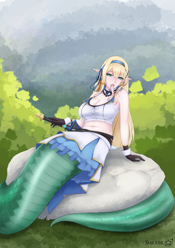 apode blonde_hair breasts clothing dress female forked_tongue gloves green_eyes hair handwear humanoid_pointy_ears legless looking_at_viewer melee_weapon navel open_mouth pointy_ears pupils serpentine slit_pupils solo split_form sword tongue tongue_out weapon shrasik draconcopode lamia reptile scalie snake 2026 absurd_res digital_media_(artwork) hi_res