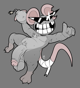 anthro armpit_hair ball_tuft balls bandage bandaged_tail big_balls big_penis body_hair bomb claws explosives eyewear front_view fur genital_raphe genitals gesture grey_body grey_claws grey_fur grey_pubes grey_toe_claws hand_gesture holding_bomb holding_object holding_ranged_weapon holding_weapon huge_balls huge_penis male multicolored_body multicolored_fur on_one_leg penis pink_ears pink_tail pointing pose pubes raised_leg ranged_weapon raphe_(anatomy) rat_tail saggy_balls scrotal_raphe smile solo standing sunglasses tail teeth toe_claws tuft two_tone_body two_tone_fur weapon completedlemon mewgenics radical_rat_(mewgenics) rat_bomb_(mewgenics) mammal murid murine rat rodent 2026 digital_media_(artwork) hi_res signature