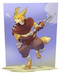 anthro armor bayonet bracers clothing eyes_closed gun holding_gun holding_object holding_ranged_weapon holding_rifle holding_weapon knife leg_wraps male outside poncho ranged_weapon rifle running sand solo weapon wraps reagan700 gunfire_reborn bandit_hermit_(gunfire_reborn) canid canine fox mammal hi_res